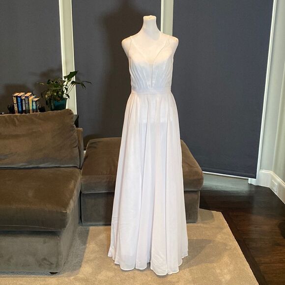 Women’s Elegant White Chiffon Full Length Dress CorsetBack Leg Slit Size 2 *READ - Picture 1 of 12